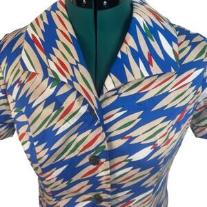 Vintage 60s 70s Blue Atomic Print Shirt Dress Mod Geometric Abstract Large 12